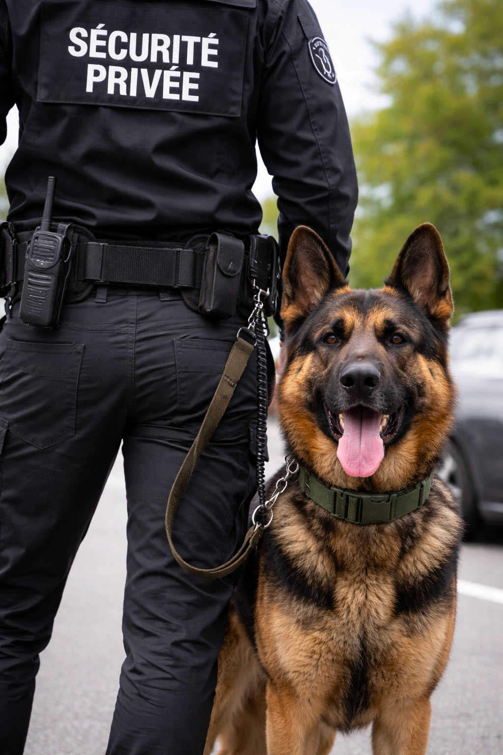 Chien de sécurité avec agent privé en patrouille.