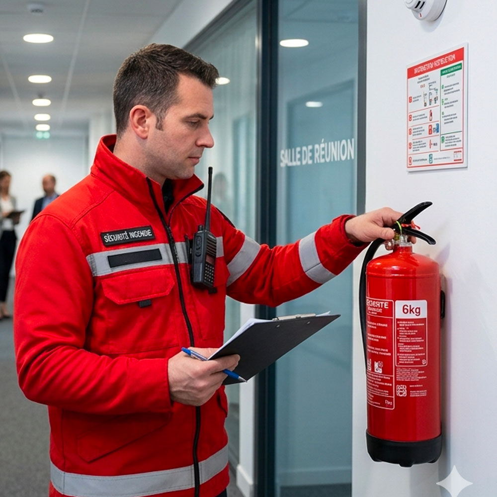 Agent de sécurité incendie entrain de contrôler un extincteur