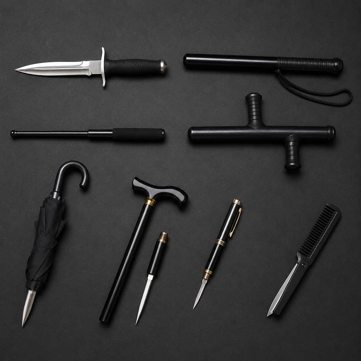 Matériel de sécurité privée : couteau, matraque, parapluie, canne