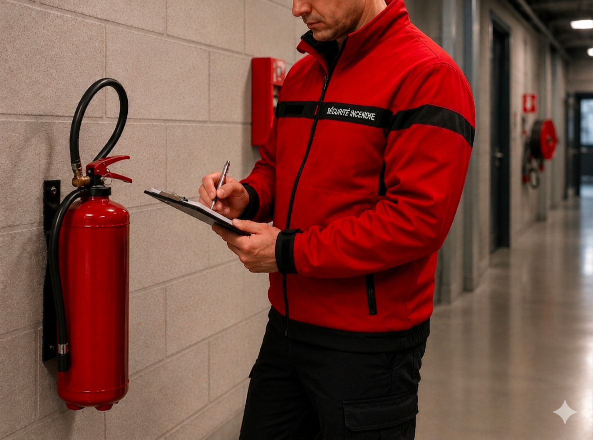 Agent de sécurité incendie entrain de vérifier un extincteur